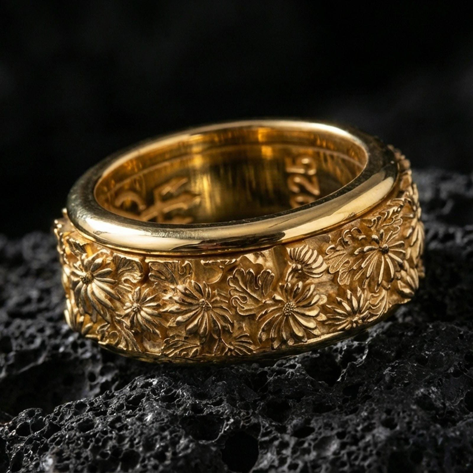 Daisy flower spinner ring displayed on volcanic rock with a gold plated finish, emphasizing the raised blossoms and textured background.
