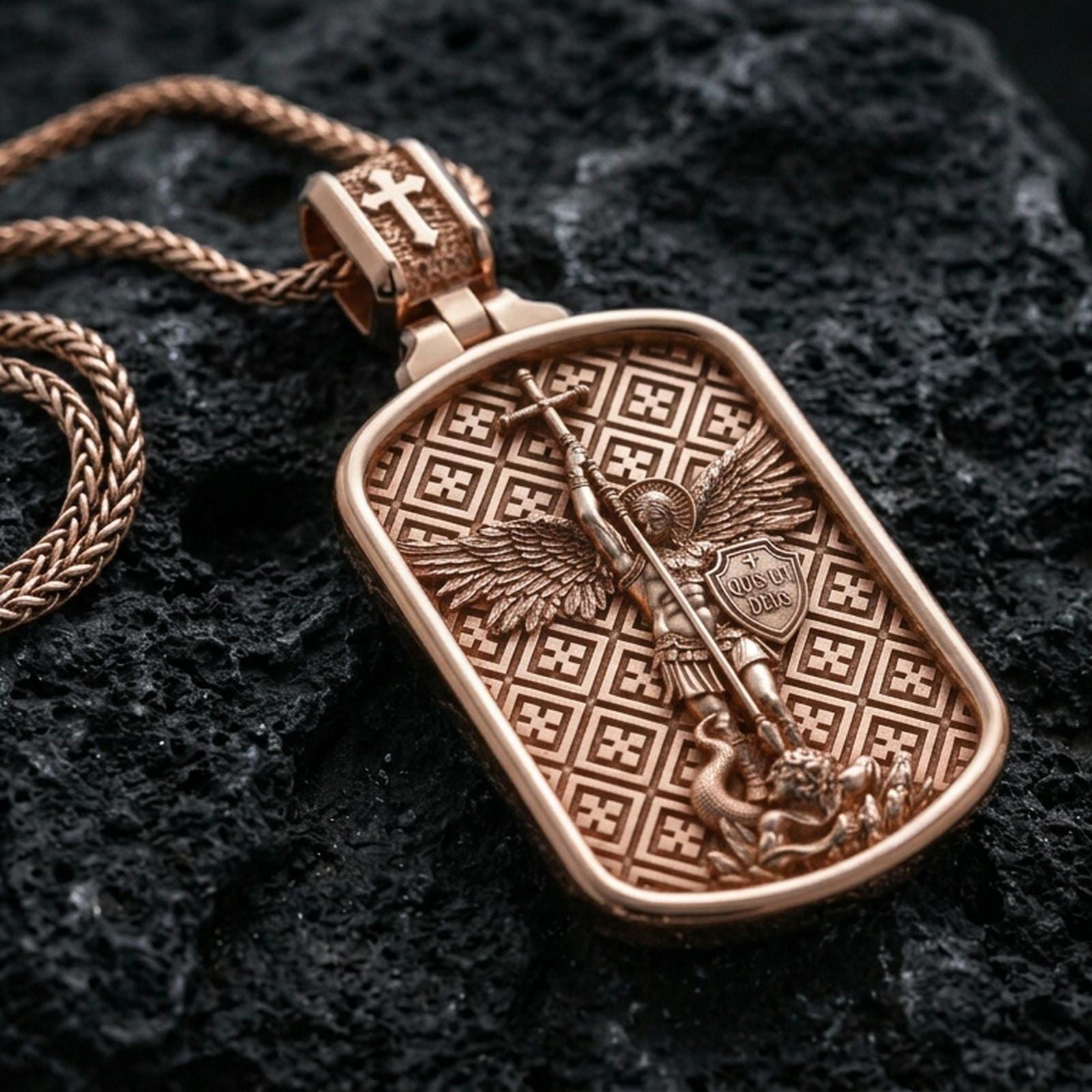 Saint Michael dog tag pendant on volcanic stone in a rose gold plated look, bringing warmth to the cross bail and Saint Michael scene.
