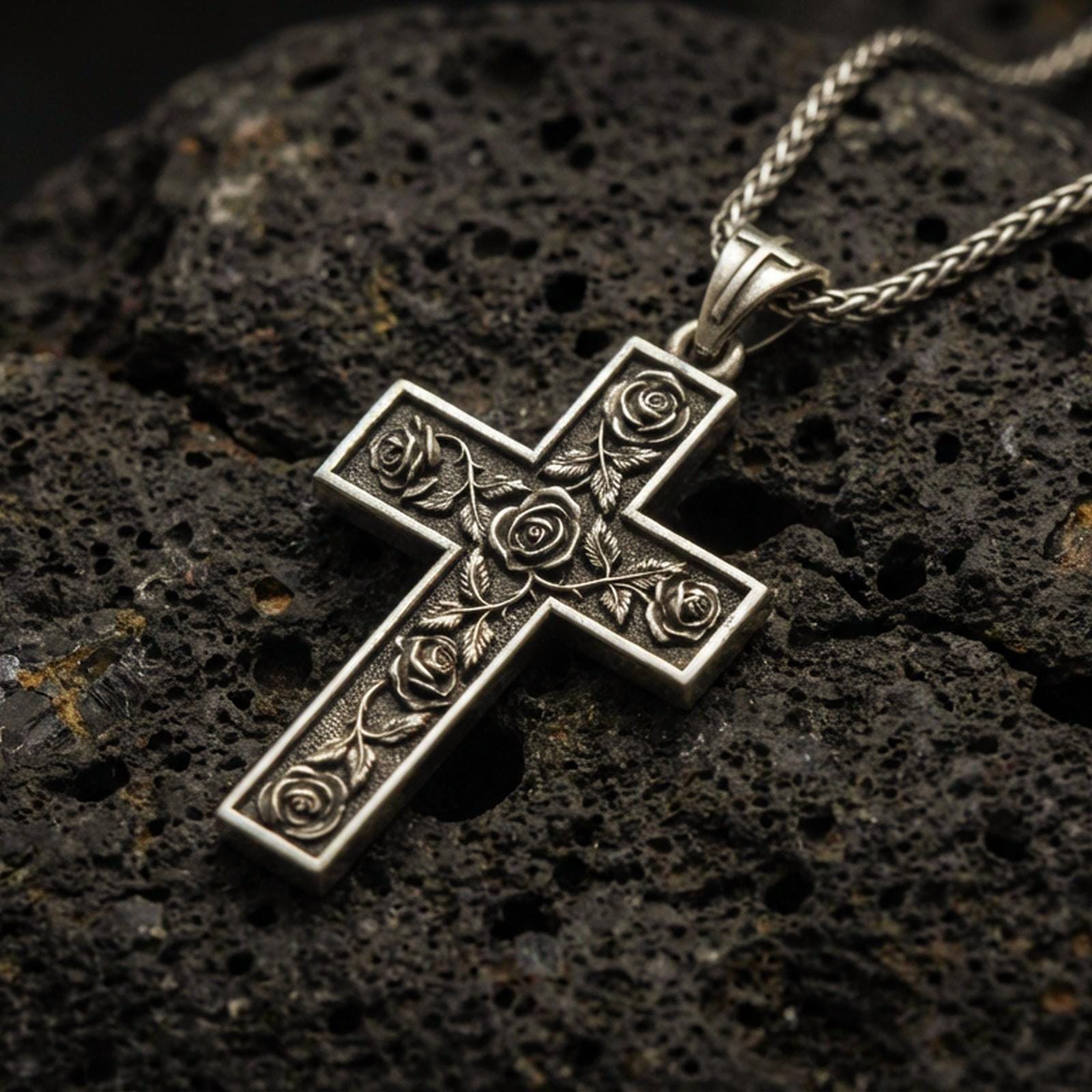 Bronze rose cross pendant with engraved floral details displayed on dark volcanic rock in a close-up luxury jewelry composition
