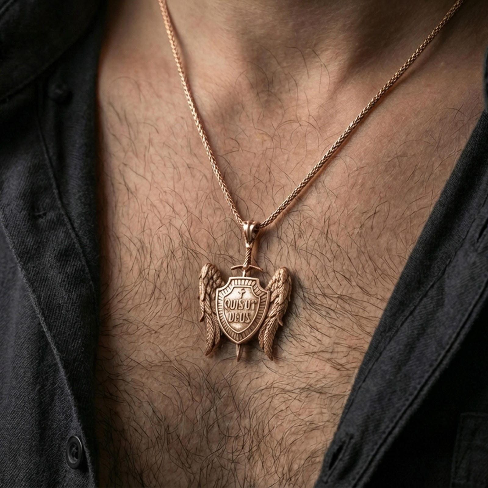 Rose gold plated spiritual protection pendant with winged shield and Quis Ut Deus engraving worn on the neck in a refined lifestyle shot with a masculine presentation