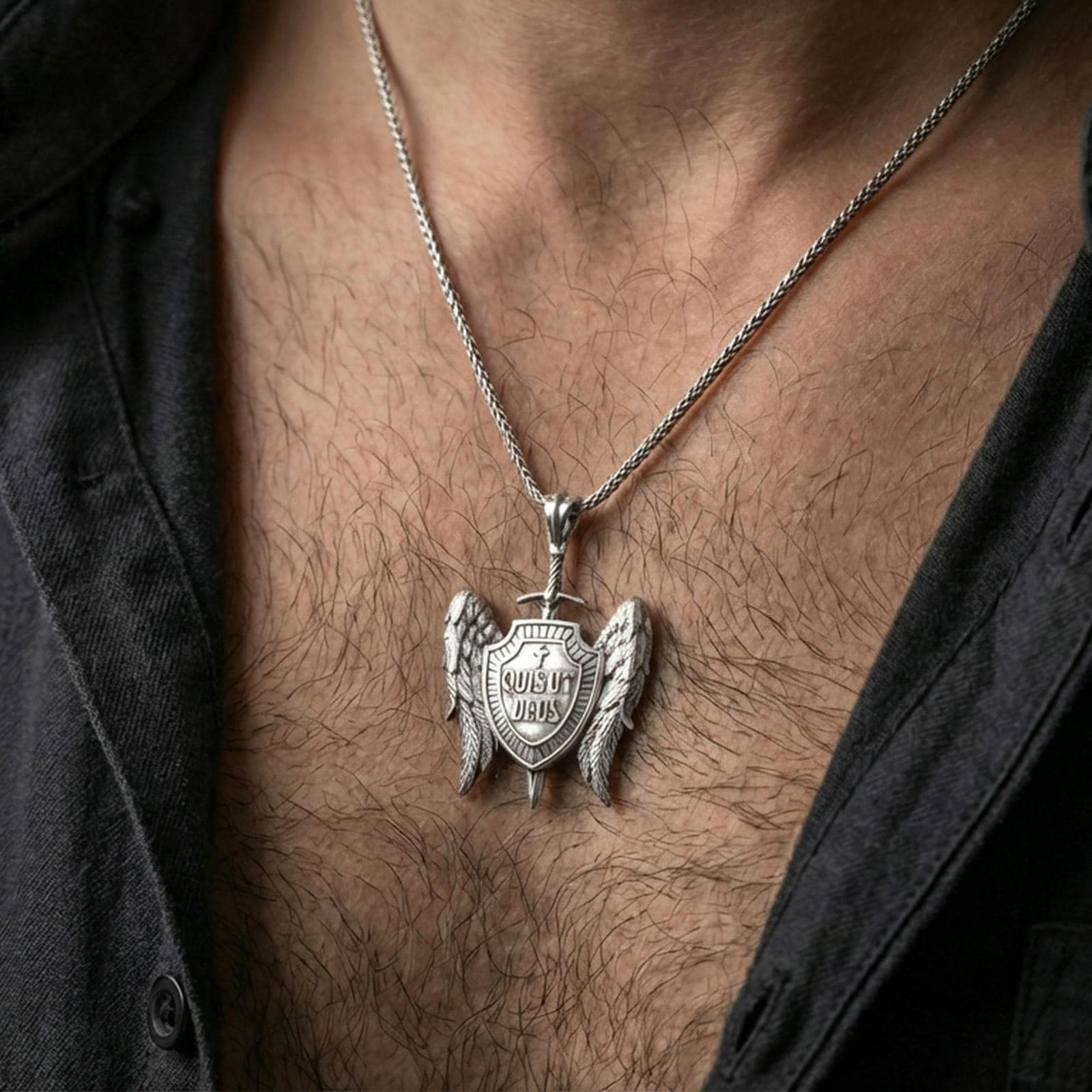 Polished silver winged protection pendant with Quis Ut Deus inscription worn on the neck in a close lifestyle frame, highlighting the detailed shield and feather texture