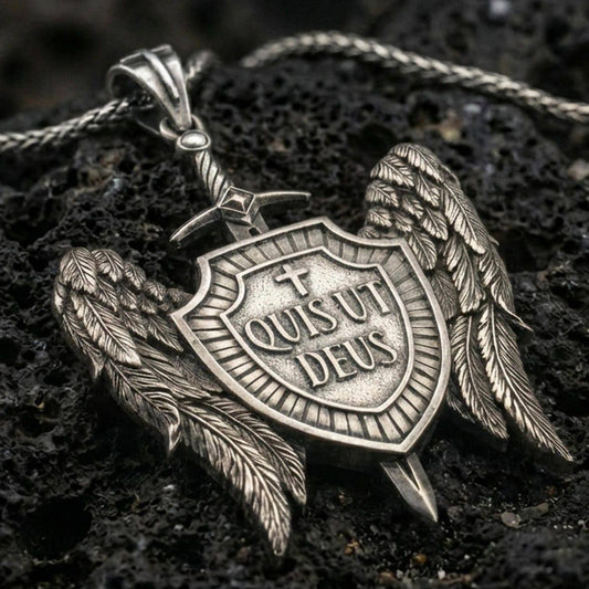 Oxidized Saint Michael inspired shield pendant with angel wings, sword detail, and Quis Ut Deus inscription displayed on dark volcanic rock in a close-up luxury jewelry shot
