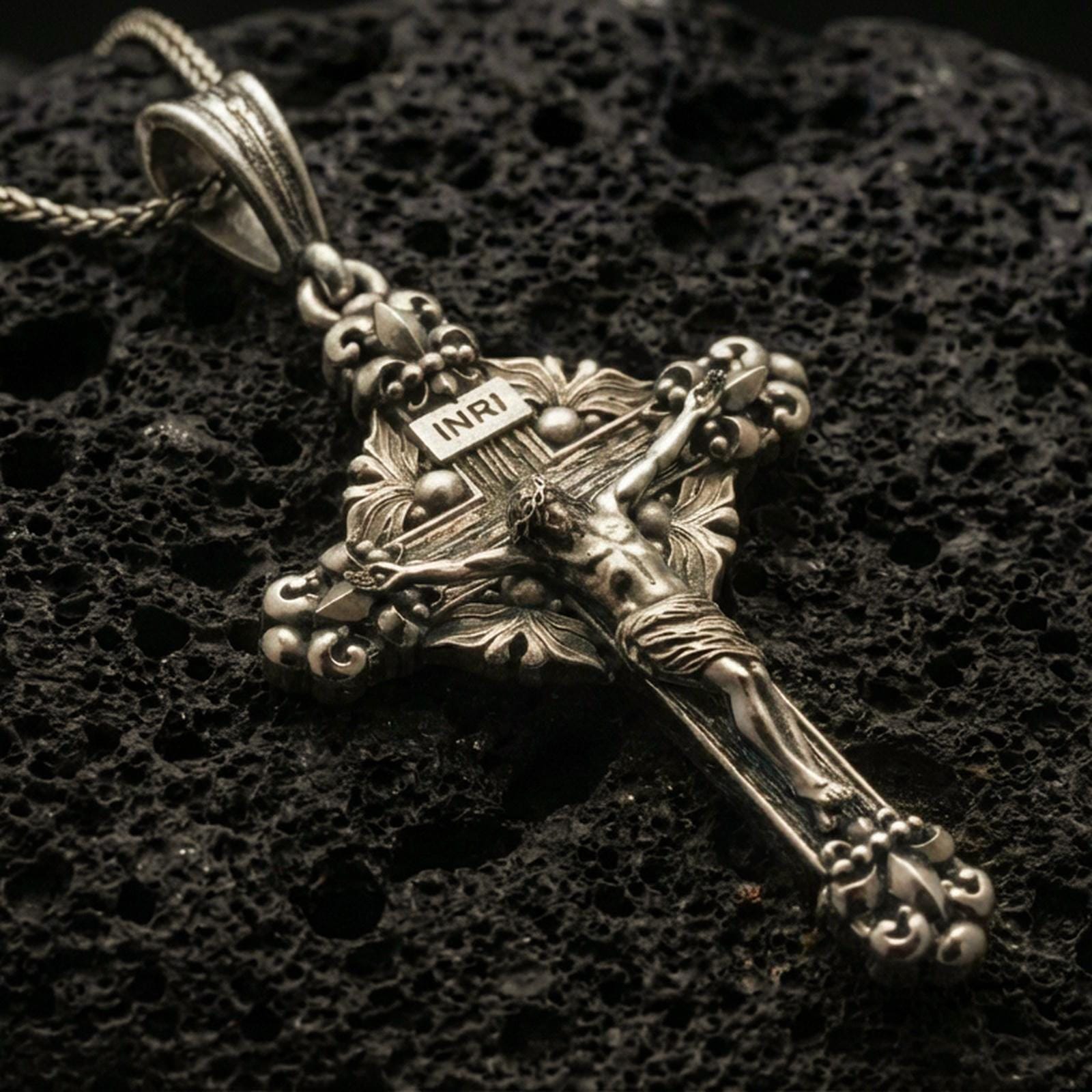Bronze crucifix pendant with INRI plaque, detailed Jesus figure, and ornate baroque cross design displayed on dark volcanic rock in a close-up luxury jewelry composition