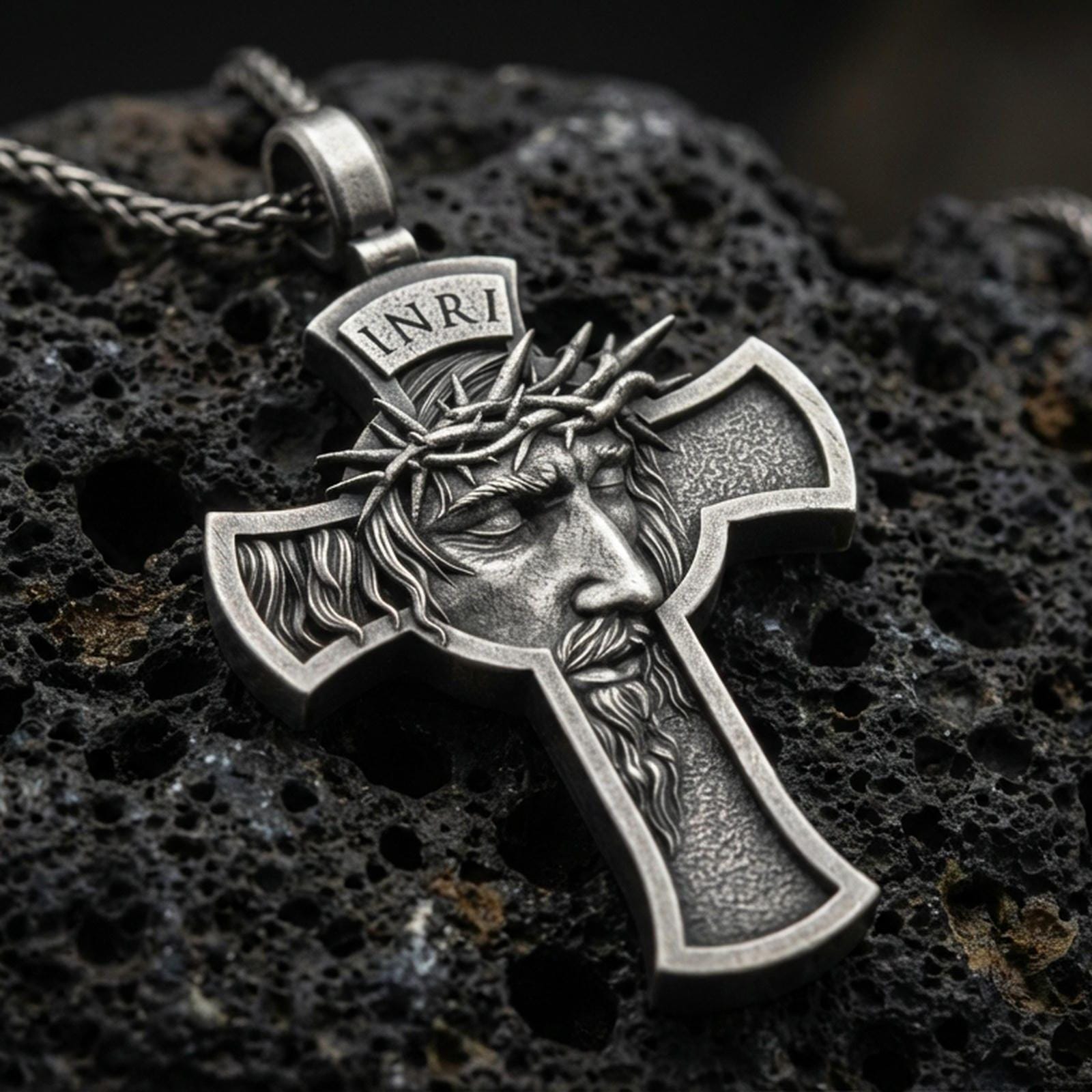 Oxidized Jesus crucifix pendant with crown of thorns, INRI inscription, and sculpted face relief displayed on dark volcanic rock in a close-up luxury jewelry composition