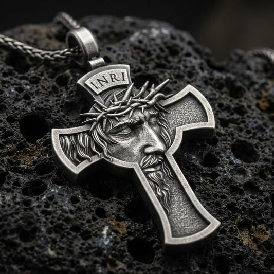 Oxidized Jesus crucifix pendant with crown of thorns, INRI inscription, and sculpted face relief displayed on dark volcanic rock in a close-up luxury jewelry composition