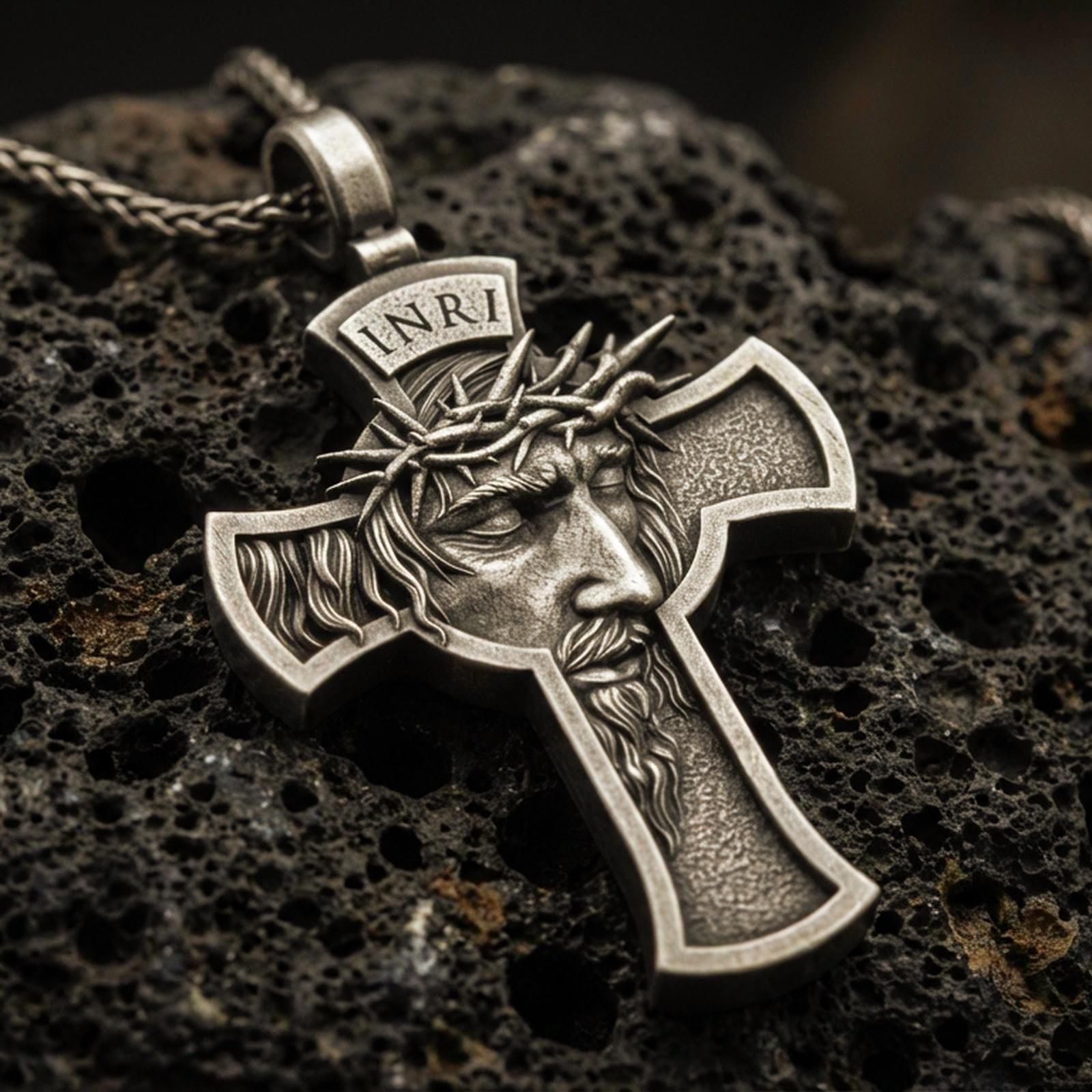 Bronze Jesus crucifix pendant with crown of thorns, INRI inscription, and sculpted face relief displayed on dark volcanic rock in a close-up luxury jewelry composition