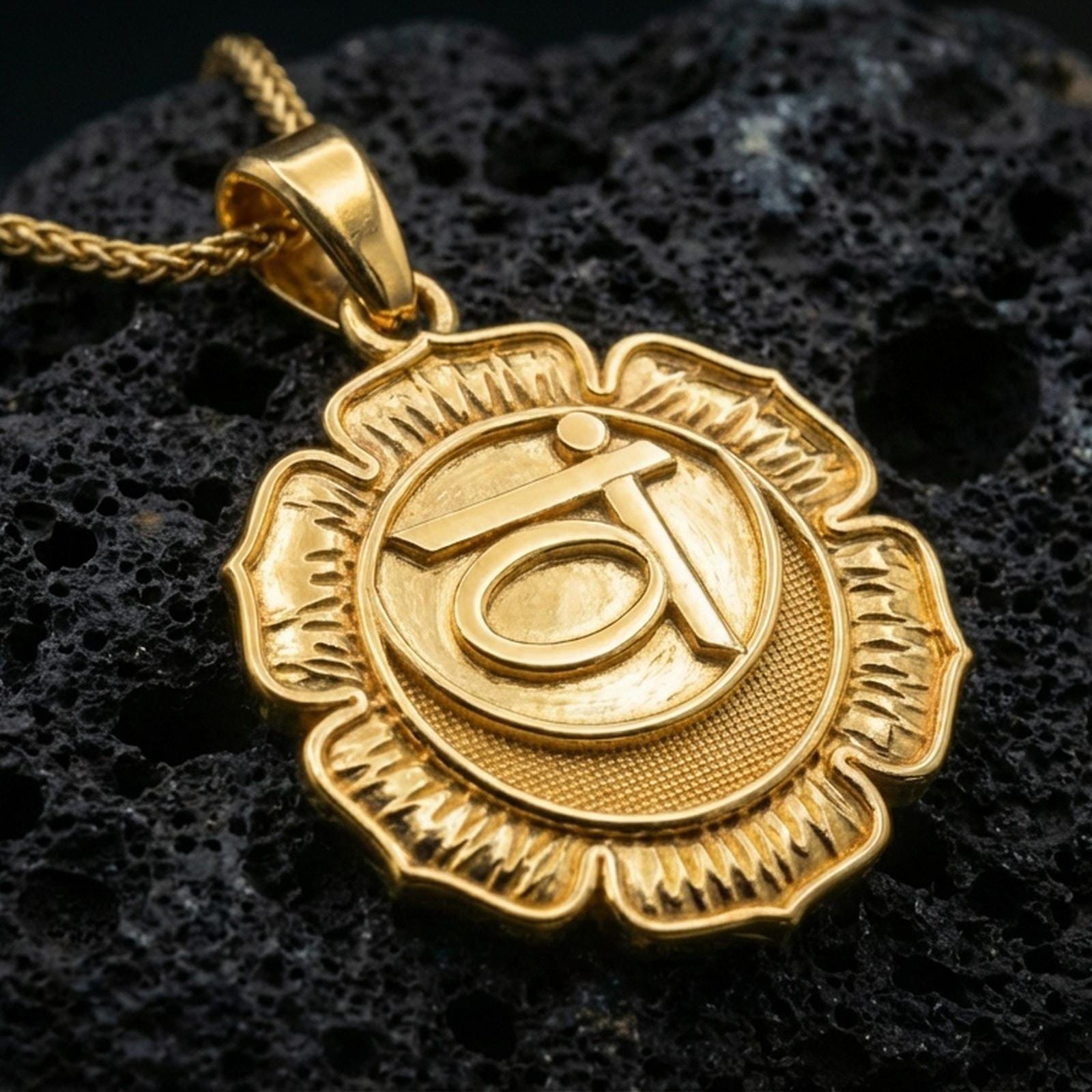 Gold plated throat chakra medallion pendant with lotus petal border and raised spiritual symbol showcased on black volcanic rock in a refined macro jewelry image