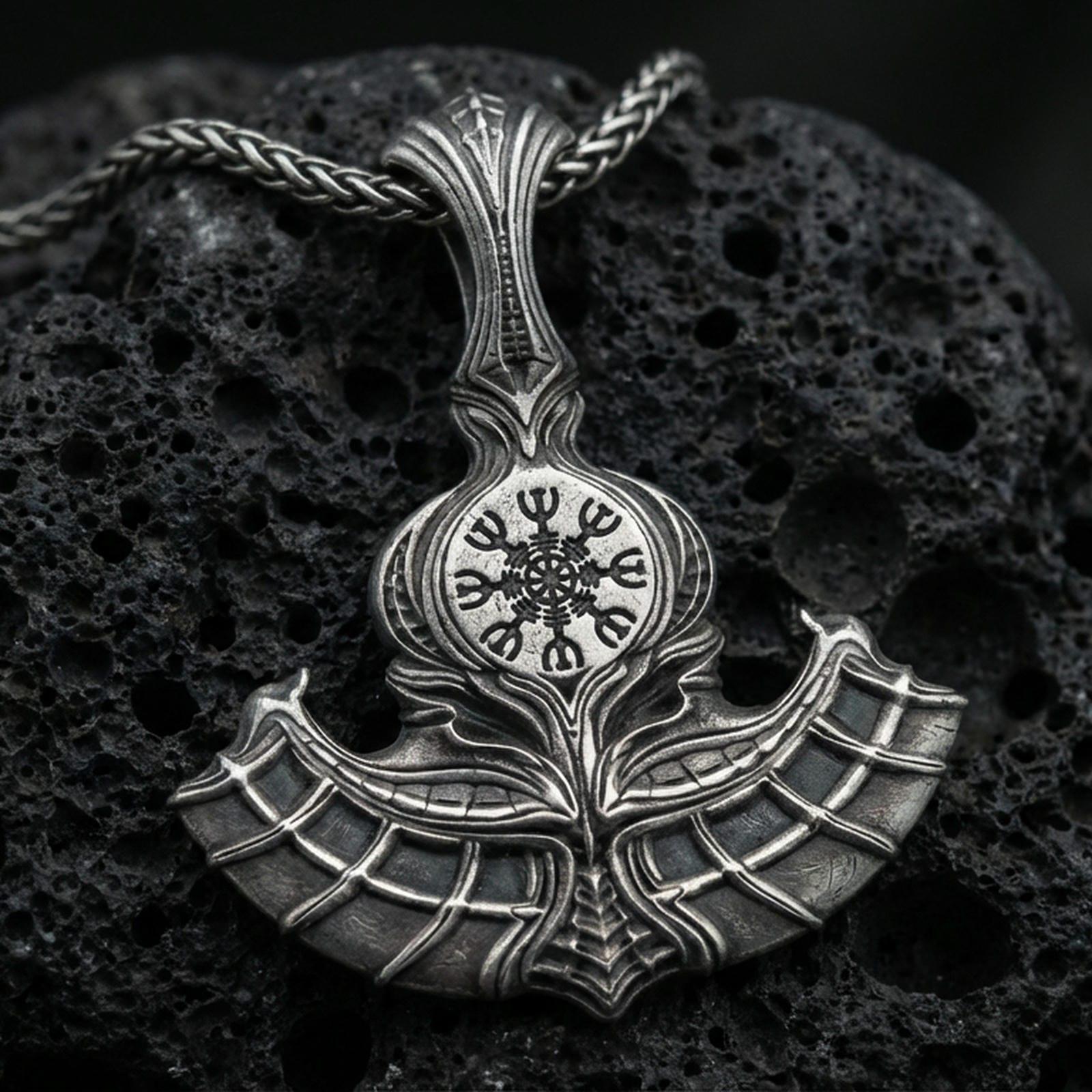 Sterling silver Viking axe pendant with an oxidized finish, detailed double-blade design featuring a Vegvisir compass symbol, close-up on black volcanic rock