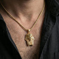 Load image into Gallery viewer, Sterling silver pharaoh head pendant worn on the neck, close-up lifestyle photo featuring the gold plated finish and Egyptian headdress details
