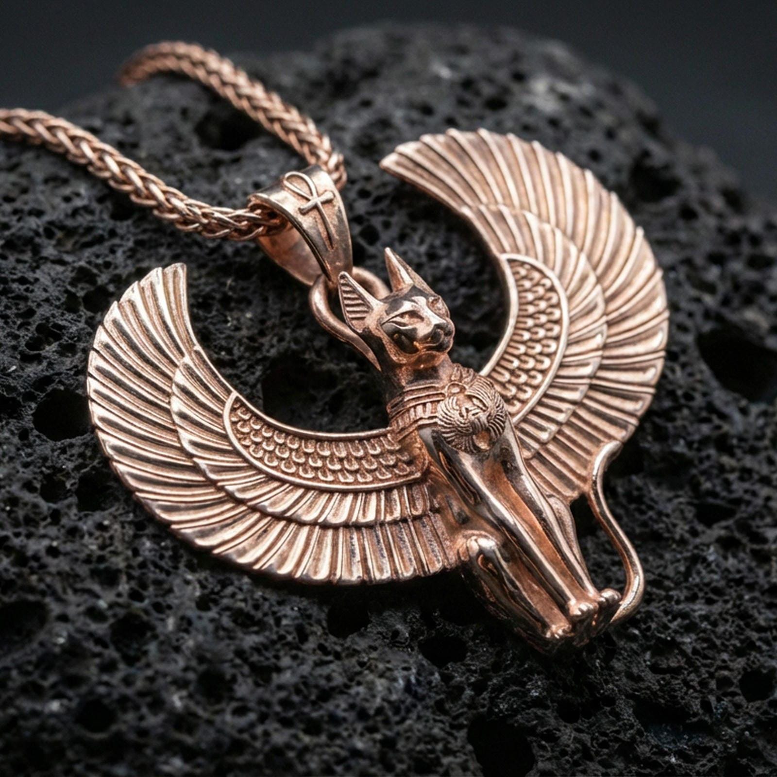 Sterling silver winged cat pendant with a rose gold plated finish, Egyptian Bastet-inspired feline figure and textured wings, macro on black volcanic rock