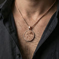 Load image into Gallery viewer, Rose gold plated dragon medallion pendant necklace worn on the neck, lifestyle wear shot with elegant rosy shine and crisp dragon motif texture visible.
