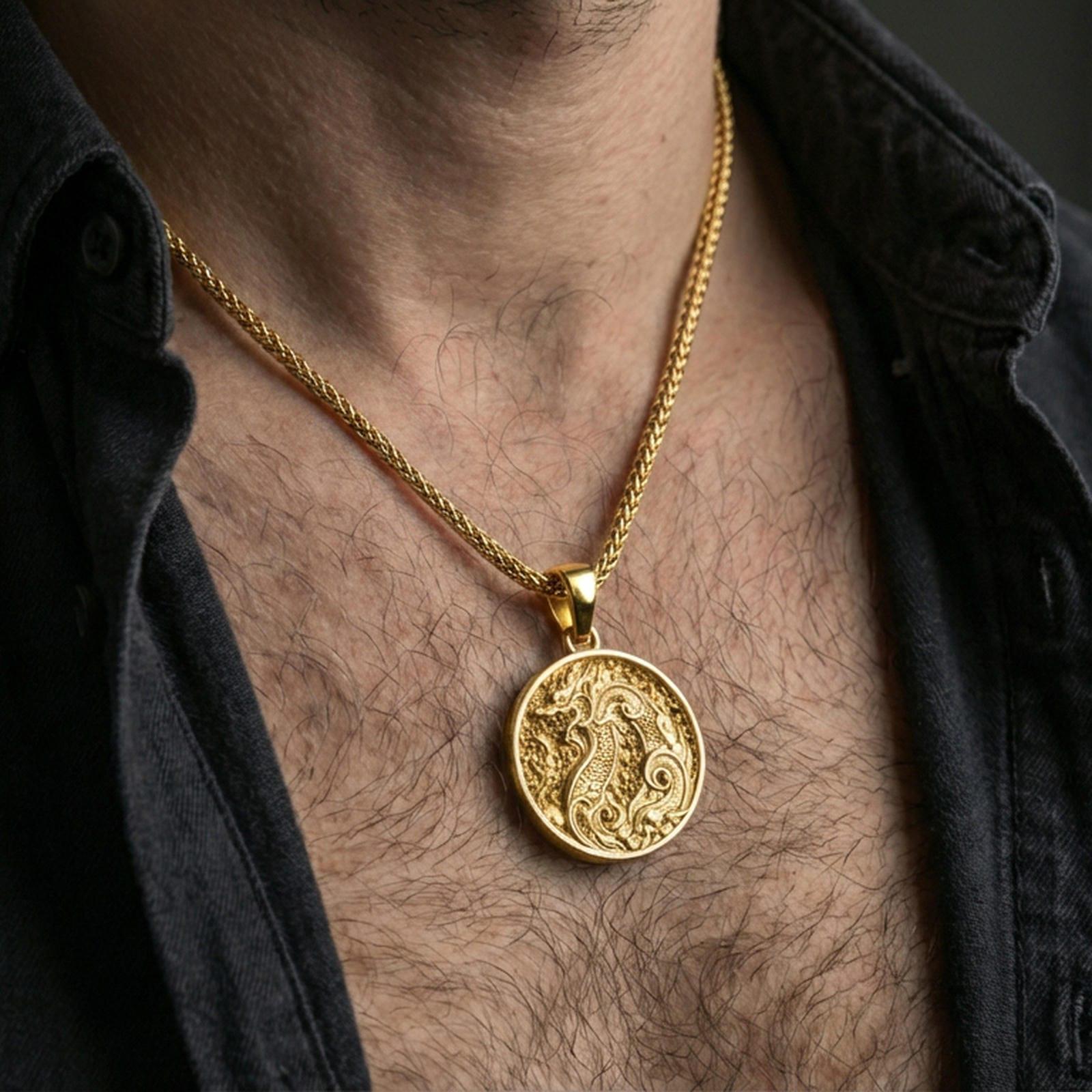Gold plated dragon medallion pendant necklace worn on the neck, lifestyle photo featuring warm tone finish and strong statement medallion presence.