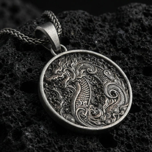 Oxidized dragon medallion pendant necklace on textured volcanic rock, centered close-up highlighting the swirling dragon relief, scale texture, and deep antique shadowed contrast.