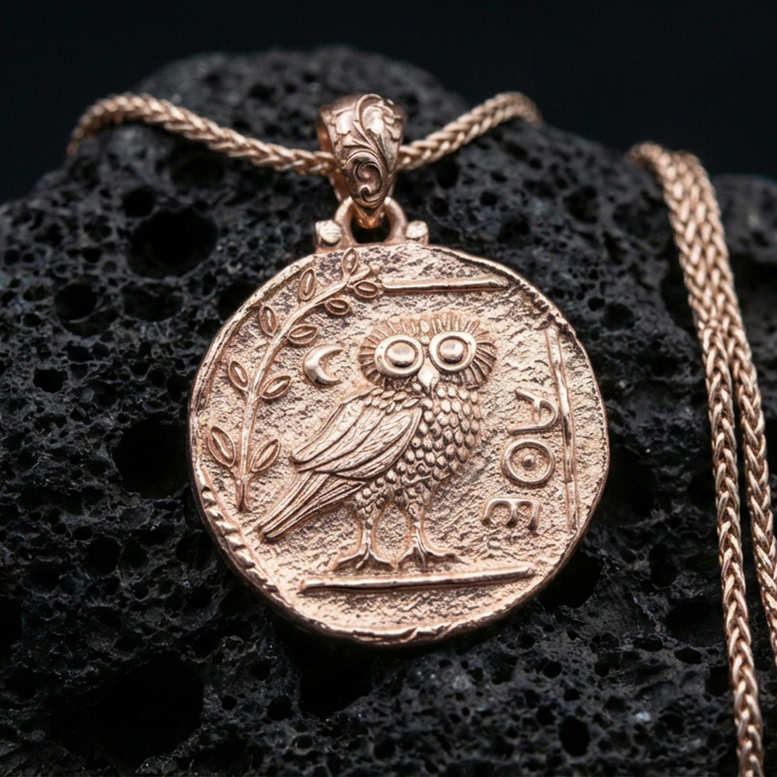 Rose gold plated owl coin pendant necklace on textured volcanic rock, centered studio-style close-up showcasing soft rosy glow and detailed owl-and-symbol engraving.