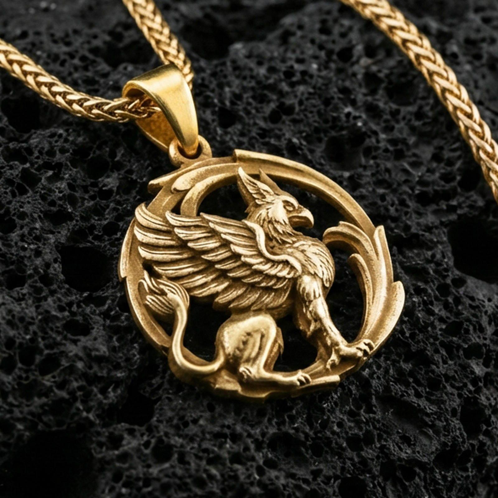 Gold plated griffin pendant necklace on textured volcanic rock, premium close-up with warm reflective shine across the wings, beak, and raised circular frame.