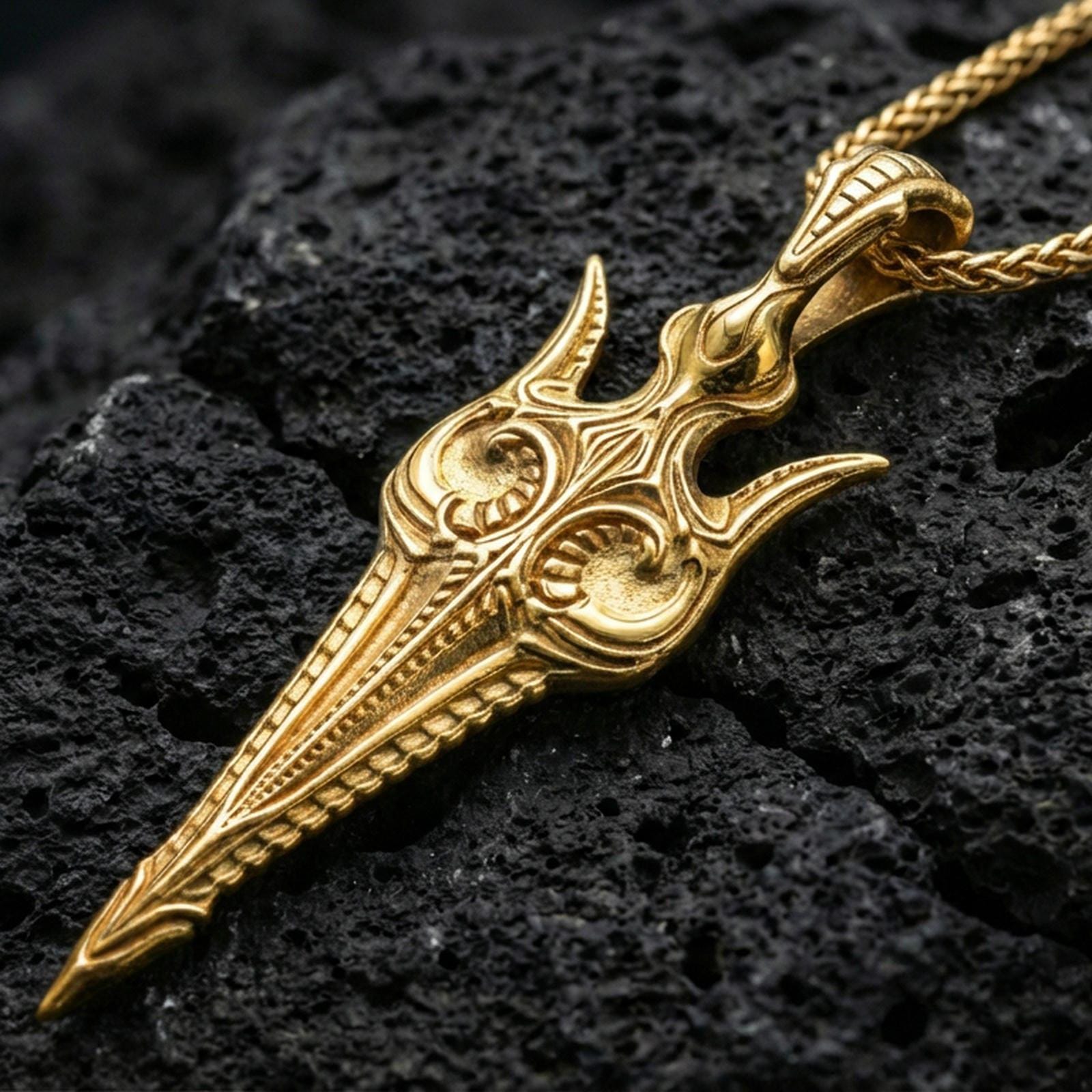 Gold plated Gungnir spear pendant necklace on textured volcanic rock, premium close-up with warm reflective shine across the spearhead contours and intricate Norse-inspired detailing.