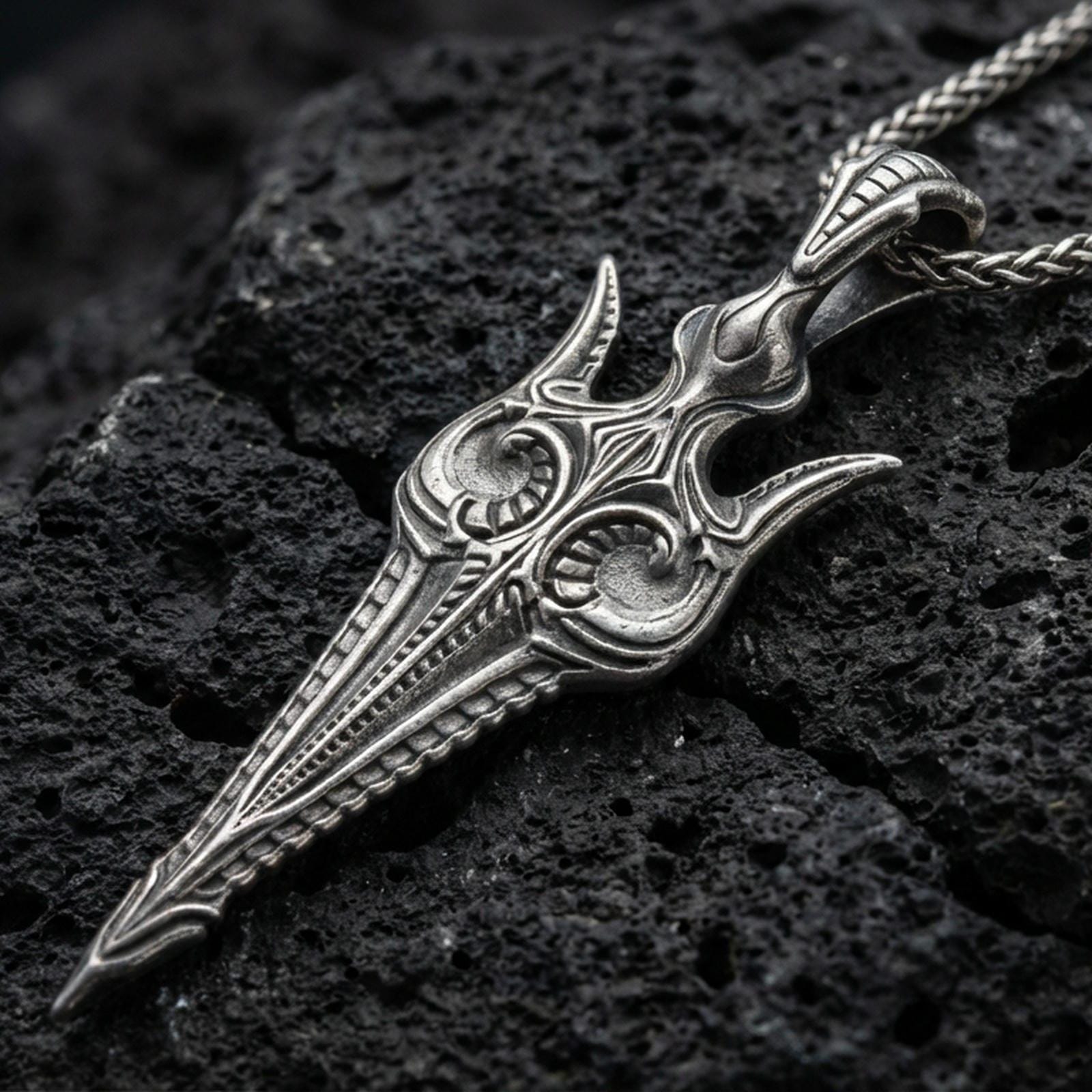 Oxidized Gungnir spear pendant necklace on textured volcanic rock, centered close-up highlighting the carved spearhead details, sharp lines, and deep antique shadowed contrast.