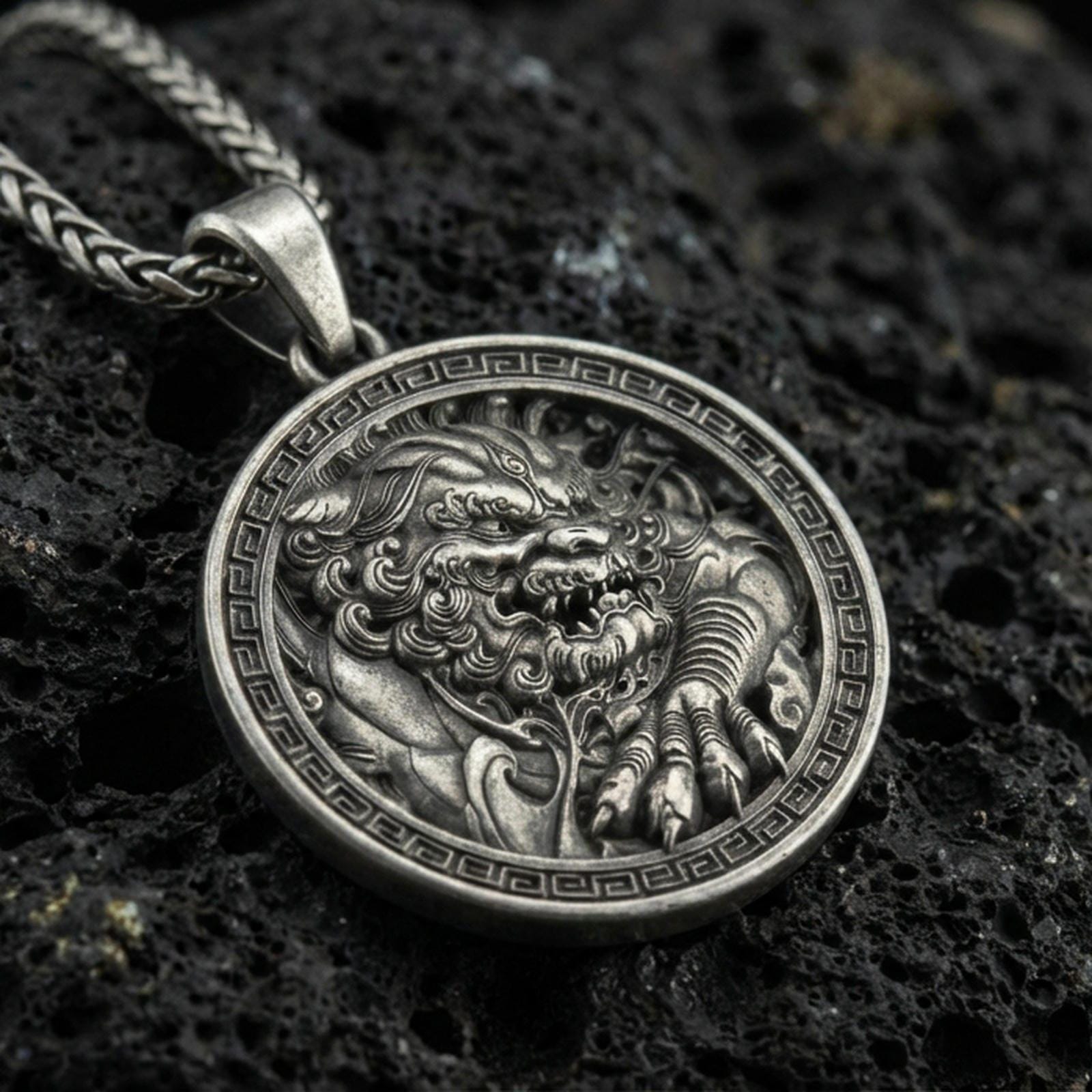 Oxidized imperial guardian lion pendant necklace on textured volcanic rock, centered close-up highlighting the fierce fu dog face, paw detail, and deep antique shadowed contrast within the Greek key frame.