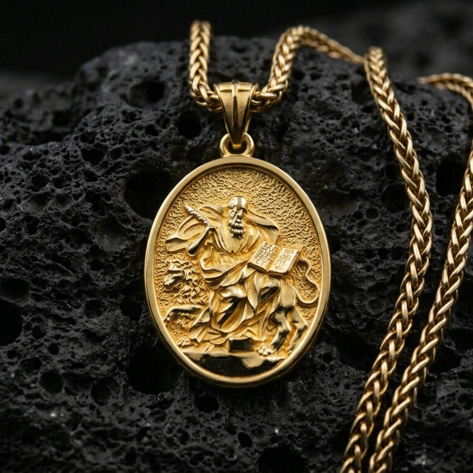 Gold plated saint medal pendant with detailed devotional figure, lion companion, and sacred scripture design showcased on black volcanic rock in a refined macro jewelry image
