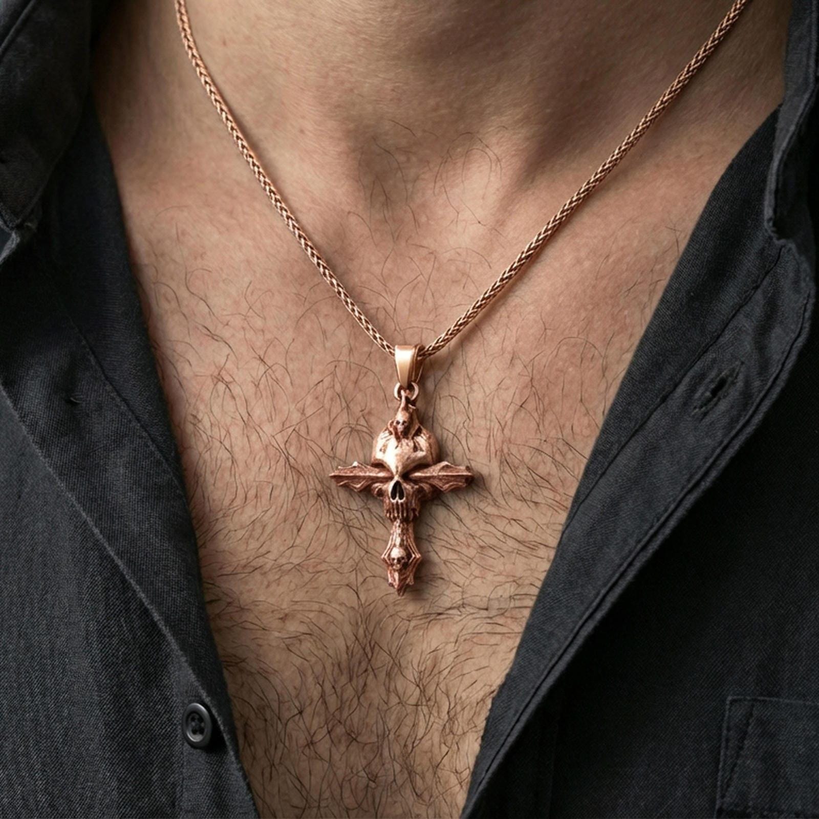 Rose gold plated skull cross necklace worn on the neck in a refined lifestyle shot with a bold and distinctive gothic presentation