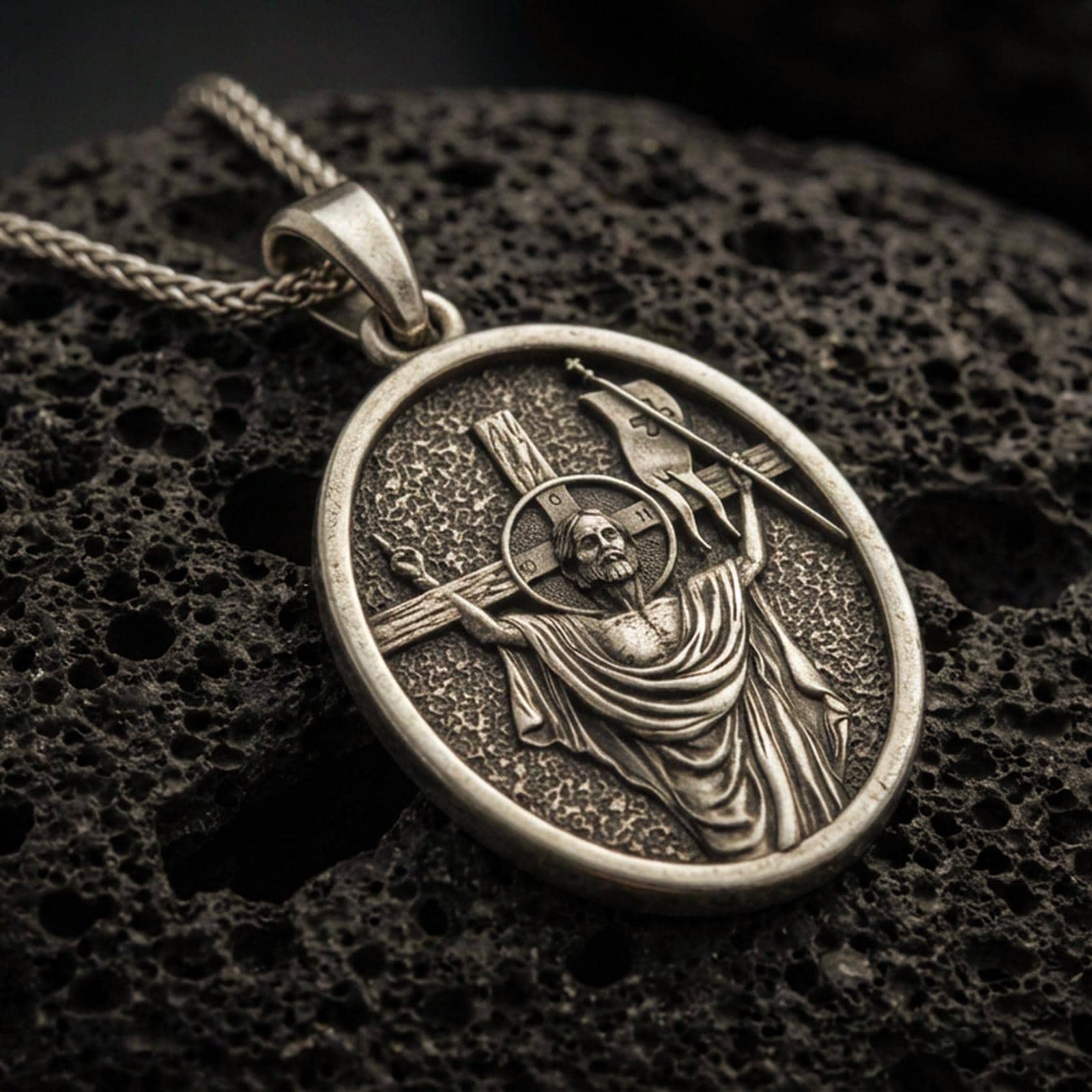 Bronze resurrection medal pendant with risen Christ, cross staff, and halo detail displayed on dark volcanic rock in a close-up luxury jewelry composition