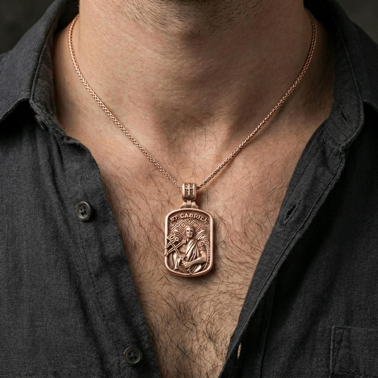 Rose gold plated Archangel Gabriel pendant with winged figure and saint inscription worn on the neck in a refined lifestyle shot with a warm and elegant presentation