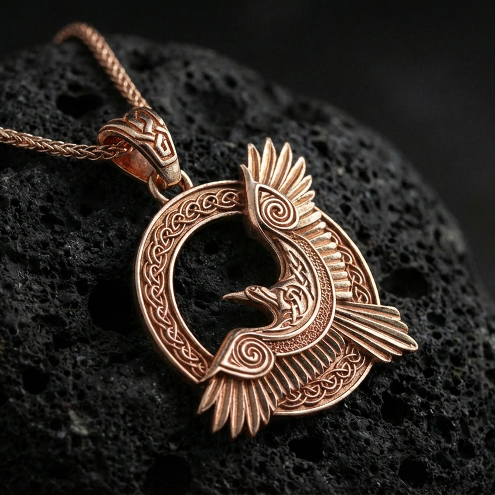 Rose gold plated Celtic raven knotwork pendant necklace on textured volcanic rock, centered studio-style close-up showcasing soft rosy glow and intricate braided Celtic detailing throughout the design.