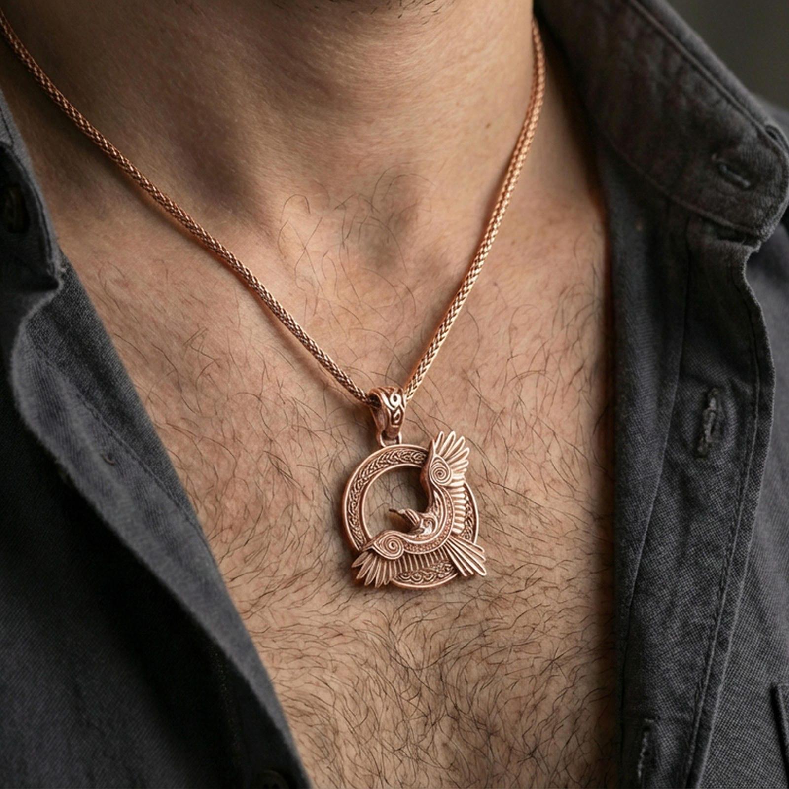Rose gold plated Celtic raven knotwork pendant necklace worn on the neck, lifestyle wear shot with elegant rosy shine and crisp Celtic raven detailing visible.
