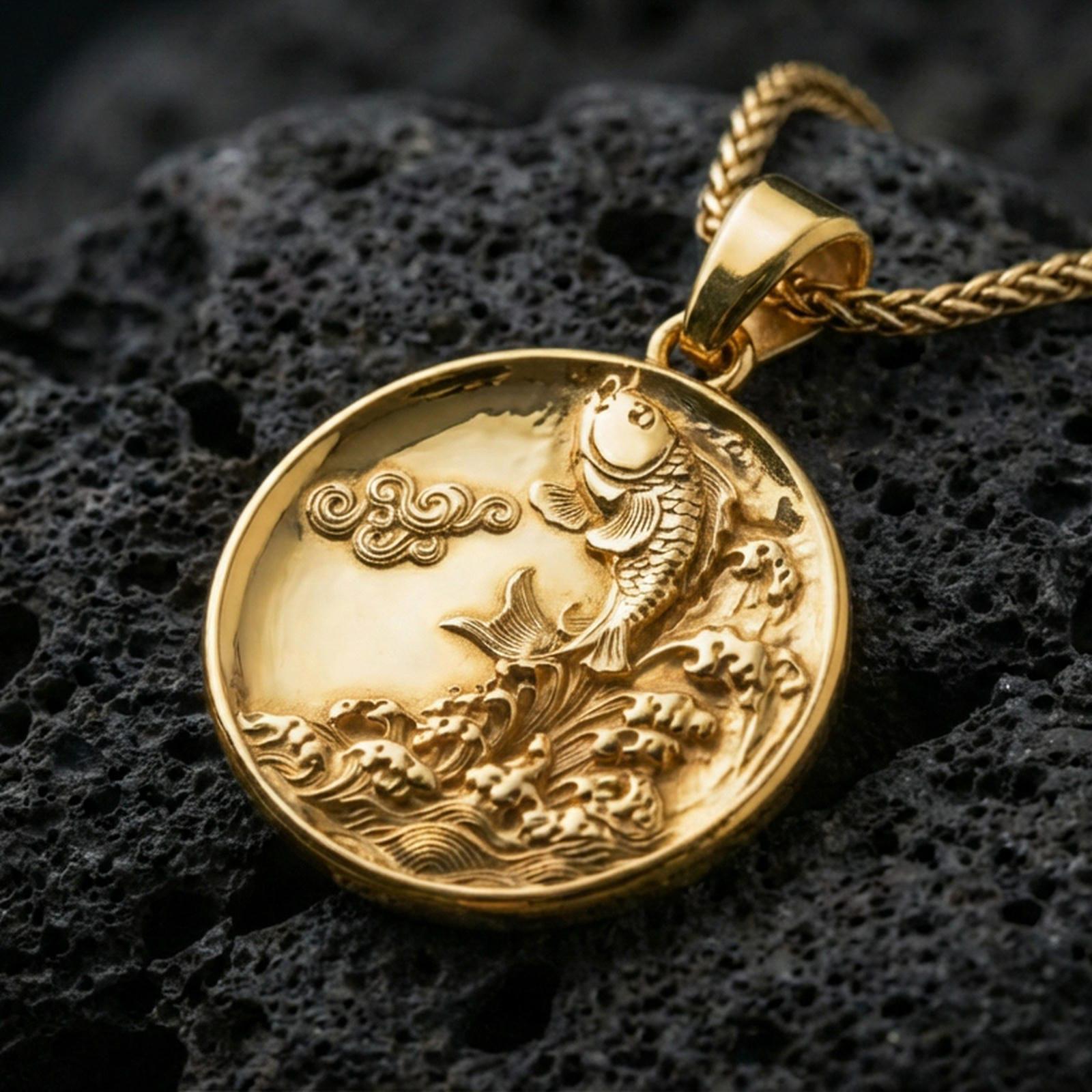 Gold plated koi fish medallion pendant necklace on textured volcanic rock, premium close-up with warm reflective shine across the koi body, flowing water details, and raised coin rim.