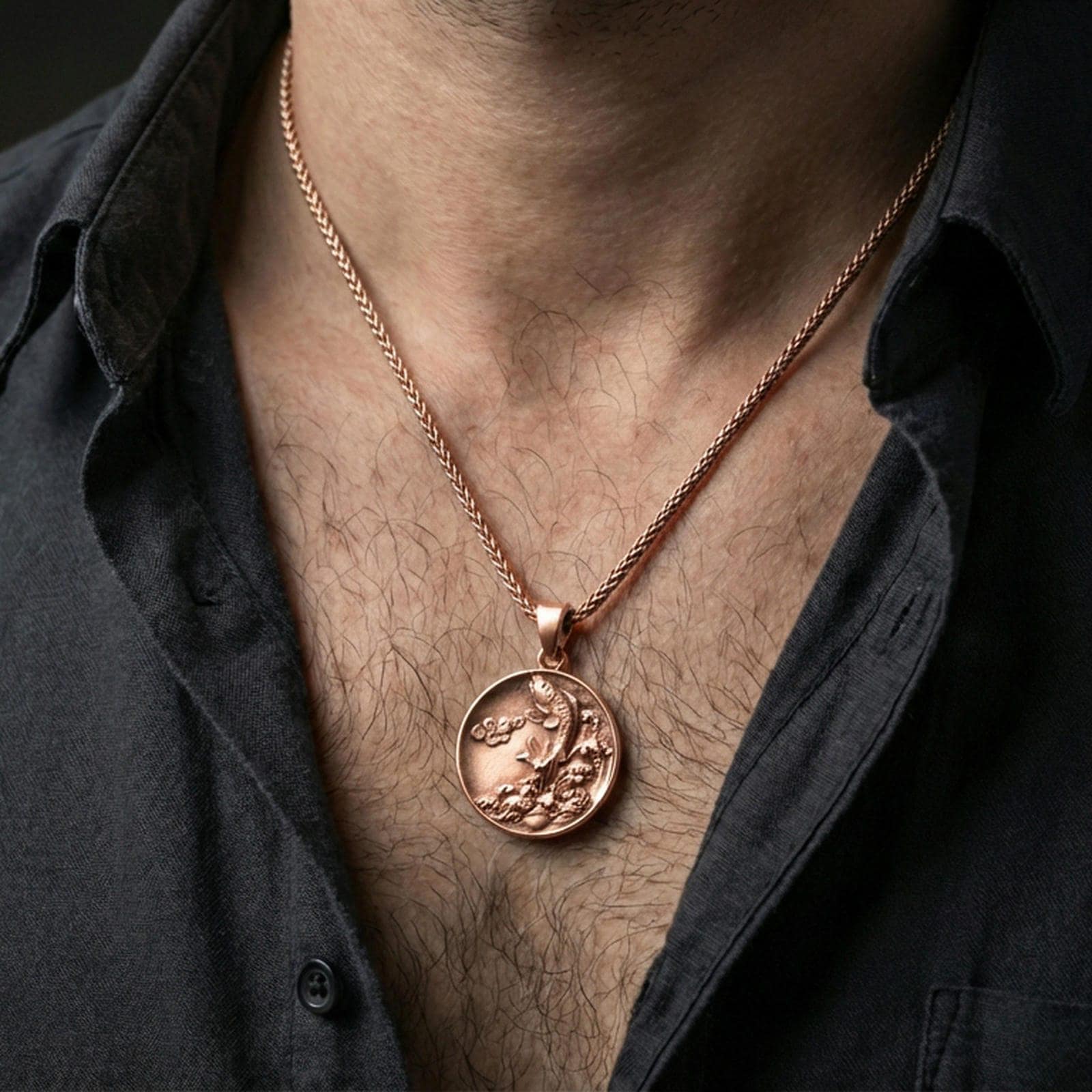 Rose gold plated koi fish medallion pendant necklace worn on the neck, lifestyle wear shot with elegant rosy shine and crisp koi fish engraving visible.