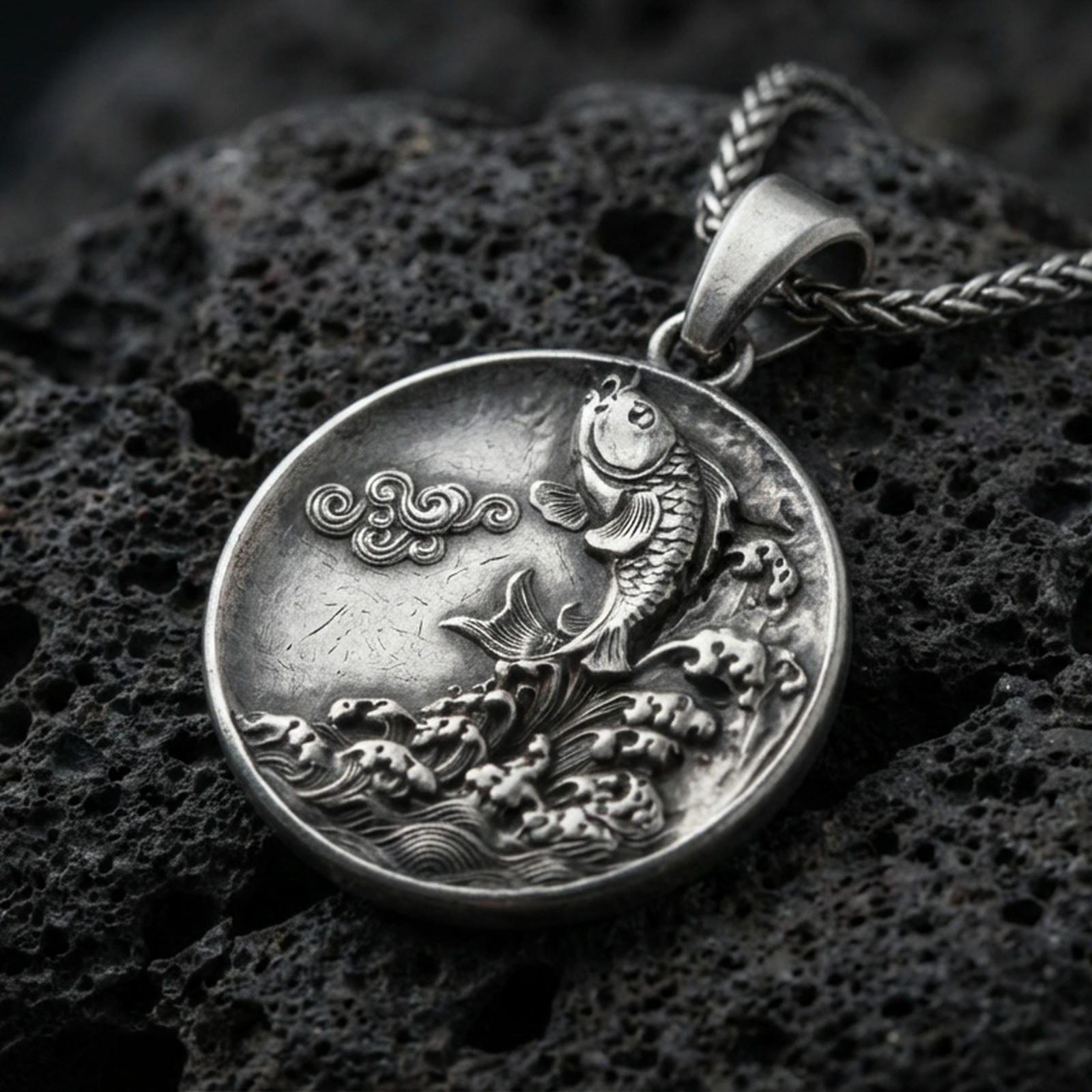 Oxidized koi fish medallion pendant necklace on textured volcanic rock, centered close-up highlighting the leaping koi, wave relief, and deep antique shadowed contrast on the smooth coin background.