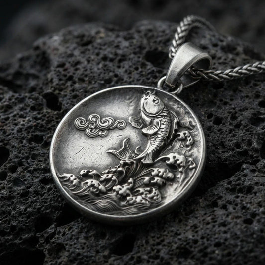 Oxidized koi fish medallion pendant necklace on textured volcanic rock, centered close-up highlighting the leaping koi, wave relief, and deep antique shadowed contrast on the smooth coin background.