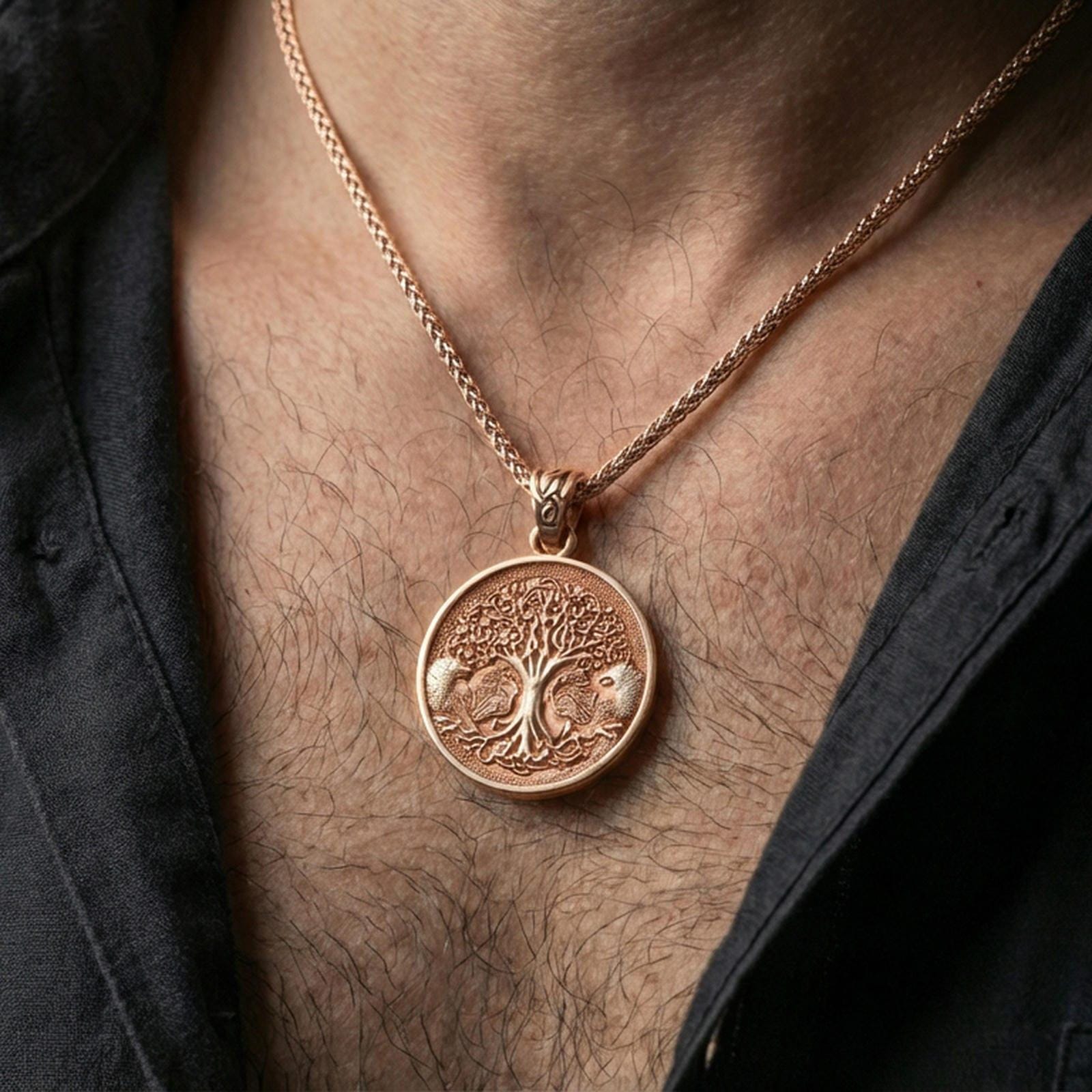 Rose gold plated Yggdrasil tree of life pendant necklace worn on the neck, lifestyle wear shot with elegant rosy shine and crisp Celtic knot border detailing visible.