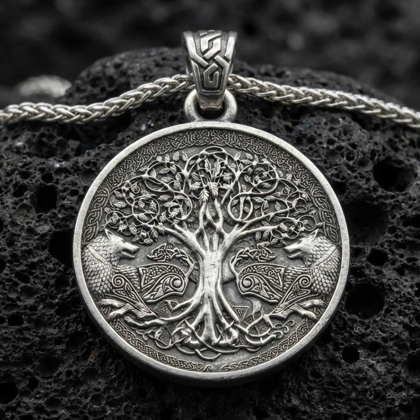 Oxidized Yggdrasil tree of life pendant necklace on textured volcanic rock, centered close-up highlighting the detailed branches, twin wolves, Celtic knot border, and deep antique shadowed contrast.