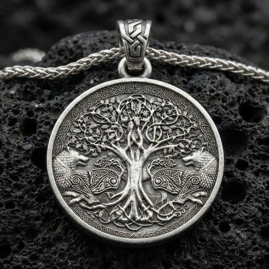 Oxidized Yggdrasil tree of life pendant necklace on textured volcanic rock, centered close-up highlighting the detailed branches, twin wolves, Celtic knot border, and deep antique shadowed contrast.
