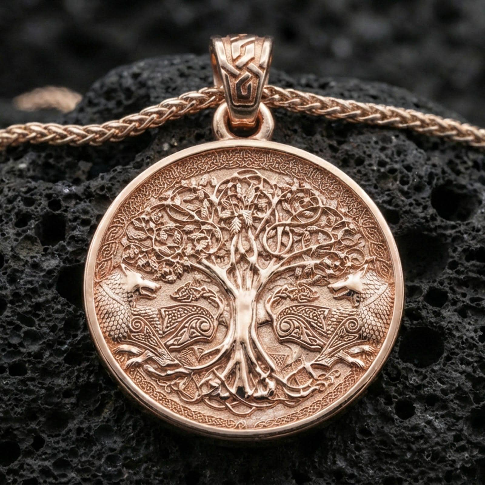Rose gold plated Yggdrasil tree of life pendant necklace on textured volcanic rock, centered studio-style close-up showcasing soft rosy glow and ornate Viking knotwork detailing around the medallion.