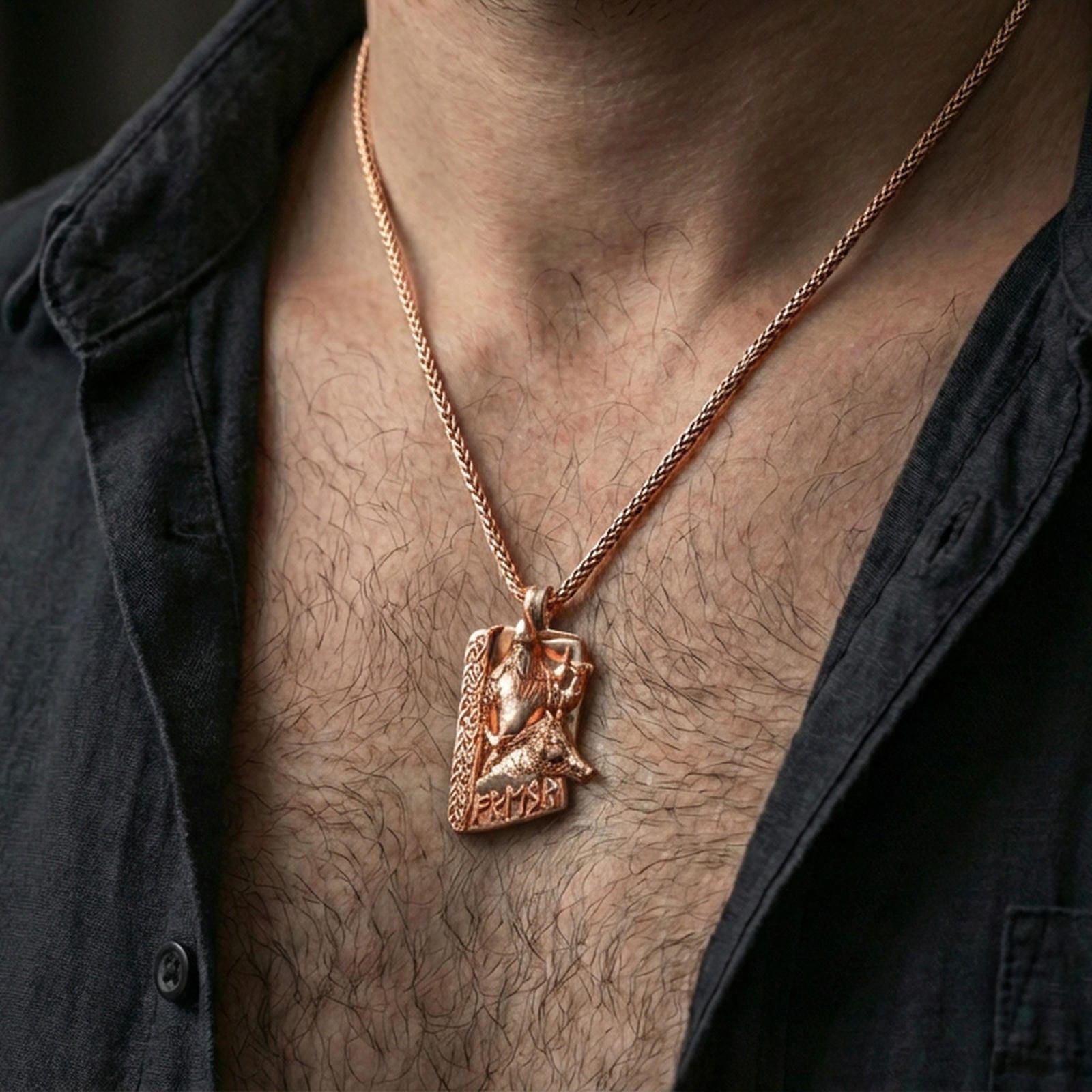 Rose gold plated Freyr and Gullinbursti pendant necklace worn on the neck, lifestyle wear shot with elegant rosy shine and crisp rune-and-boar detailing visible.