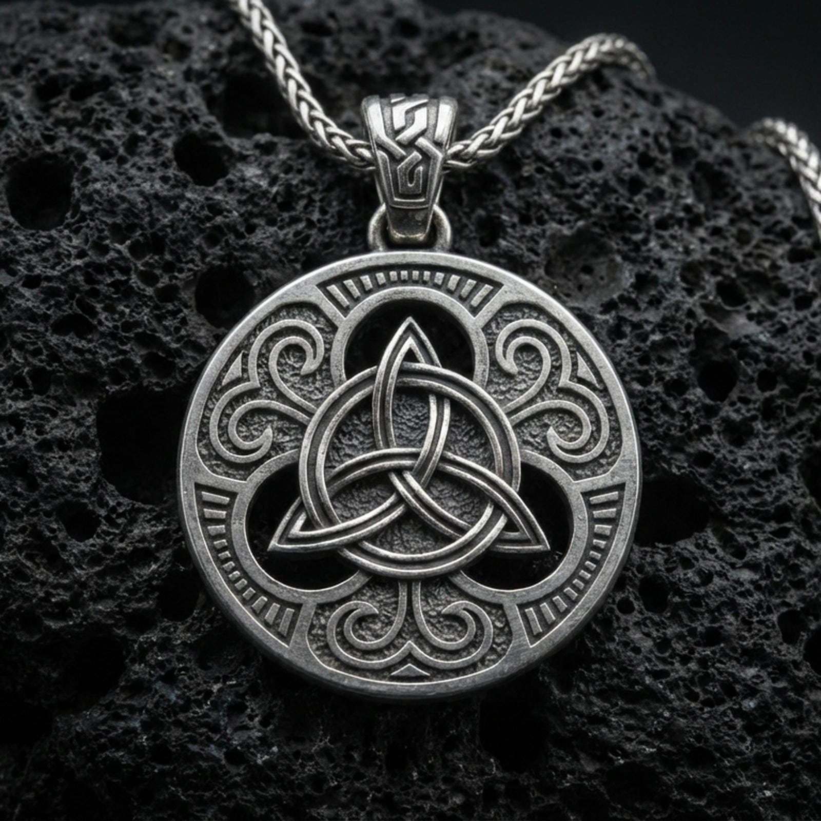 Oxidized Celtic triquetra pendant necklace on textured volcanic rock, centered close-up highlighting the raised Trinity knot, ornate scrollwork, and deep antique shadowed contrast.
