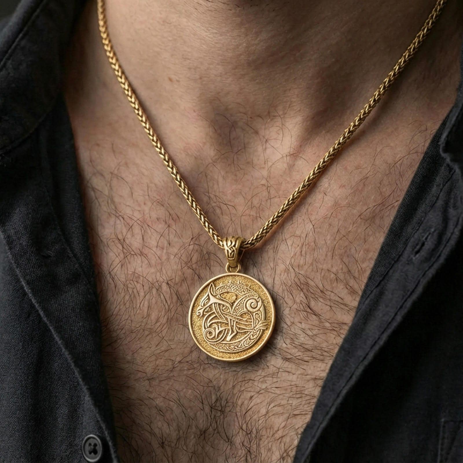 Gold plated Urnes style Viking beast pendant necklace worn on the neck, lifestyle photo featuring warm tone finish and strong statement talisman presence.