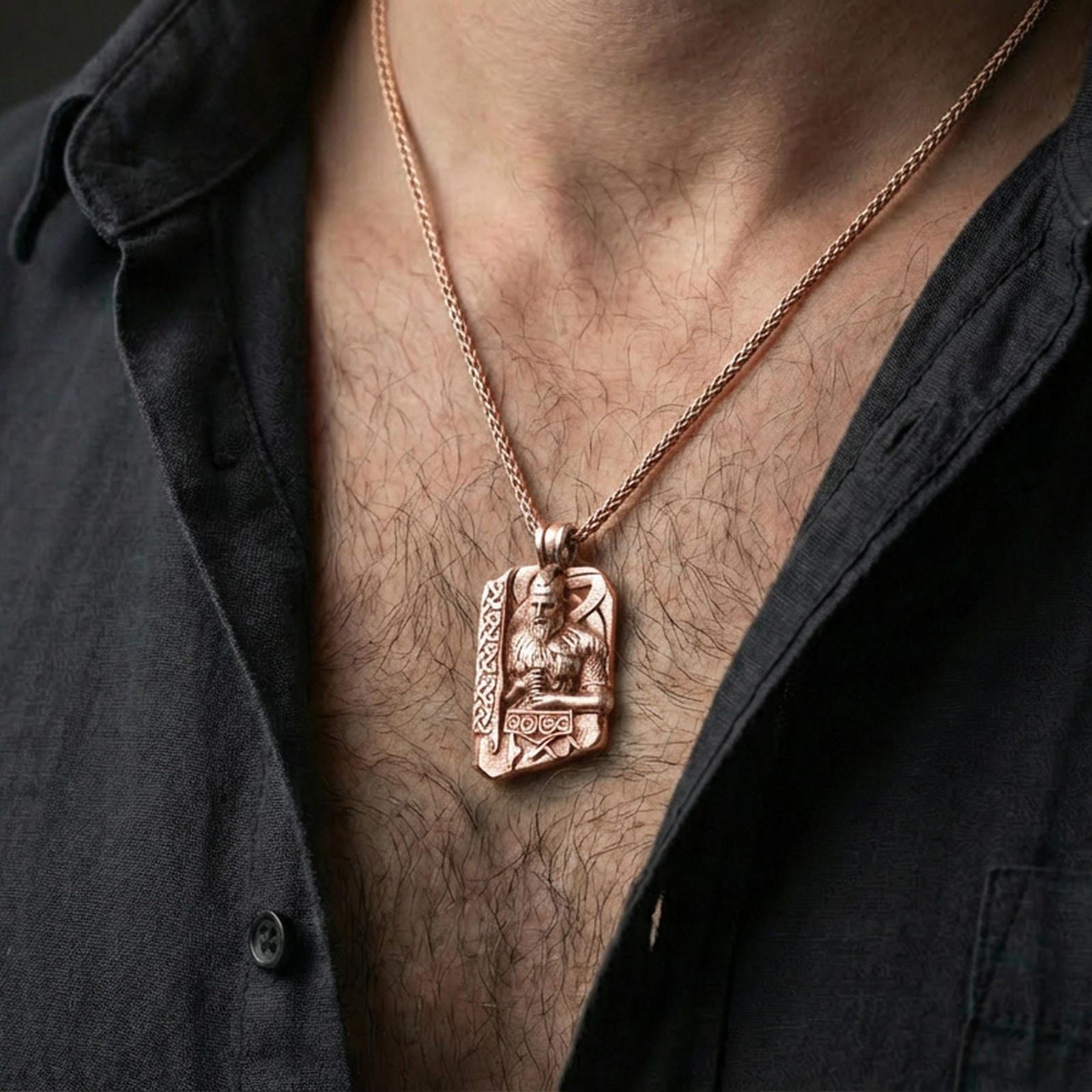 Rose gold plated Thor pendant necklace worn on the neck, lifestyle wear shot with elegant rosy shine and crisp rune-and-hammer detailing visible.