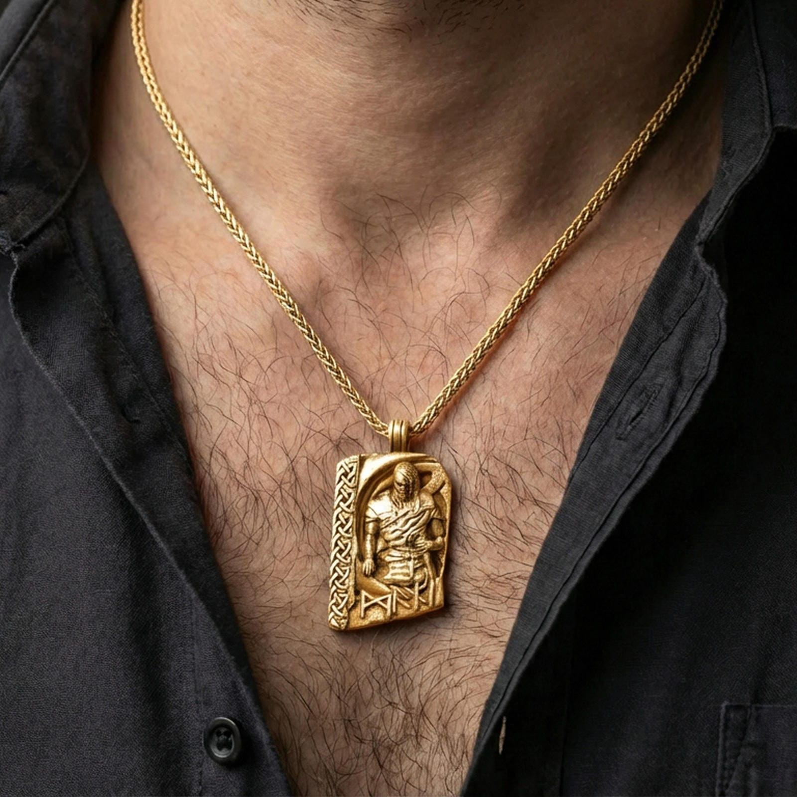 Gold plated Norse moon god pendant necklace worn on the neck, lifestyle photo featuring warm tone finish and strong statement Viking amulet presence.