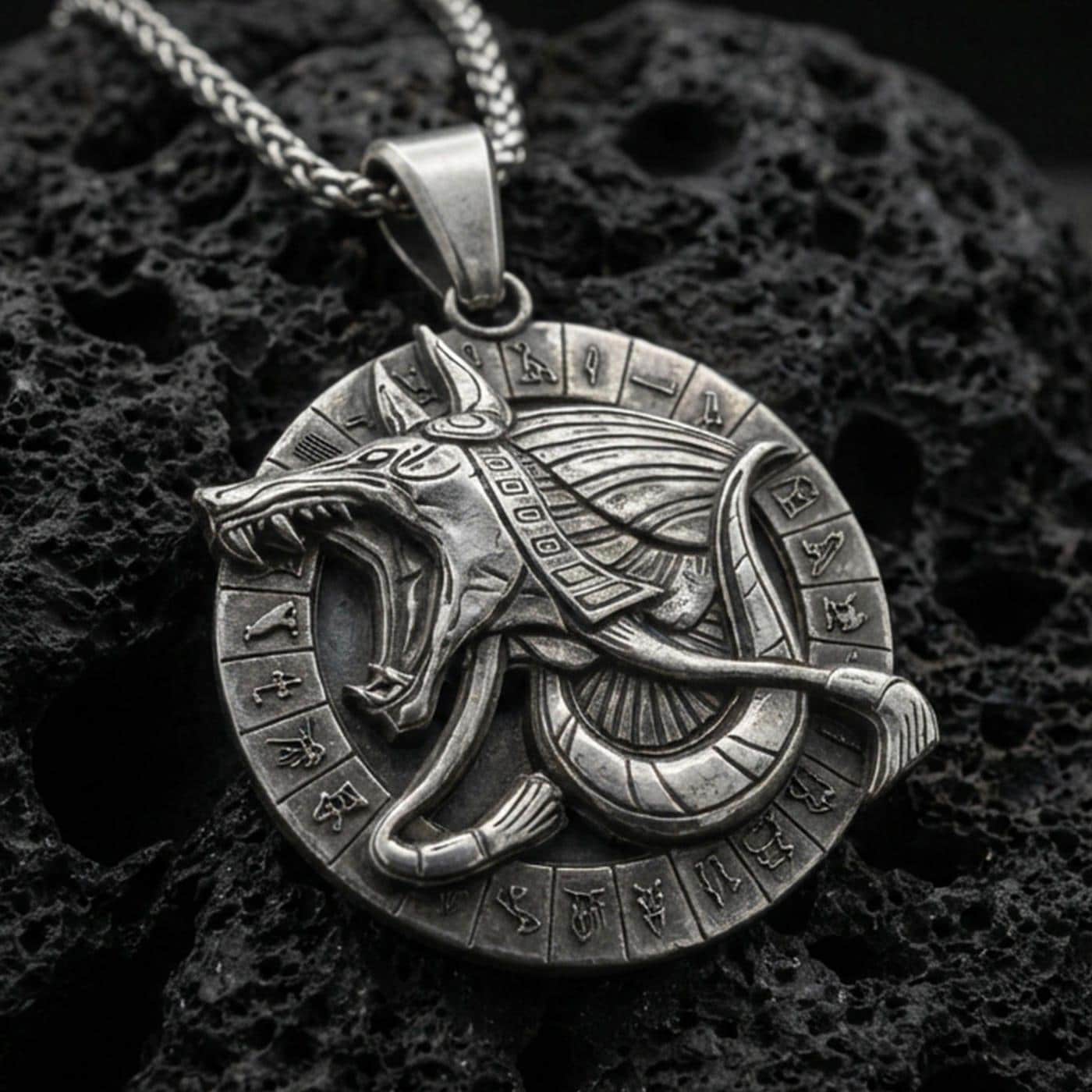 Oxidized Anubis medallion pendant necklace on textured volcanic rock, centered close-up highlighting the snarling jackal head, circular hieroglyph border, and deep antique shadowed contrast.