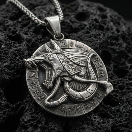 Oxidized Anubis medallion pendant necklace on textured volcanic rock, centered close-up highlighting the snarling jackal head, circular hieroglyph border, and deep antique shadowed contrast.