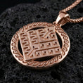 Load image into Gallery viewer, Rose gold plated geometric rune-style medallion pendant necklace on textured volcanic rock, centered studio-style close-up showcasing soft rosy glow and crisp engraved lines with a refined finish.

