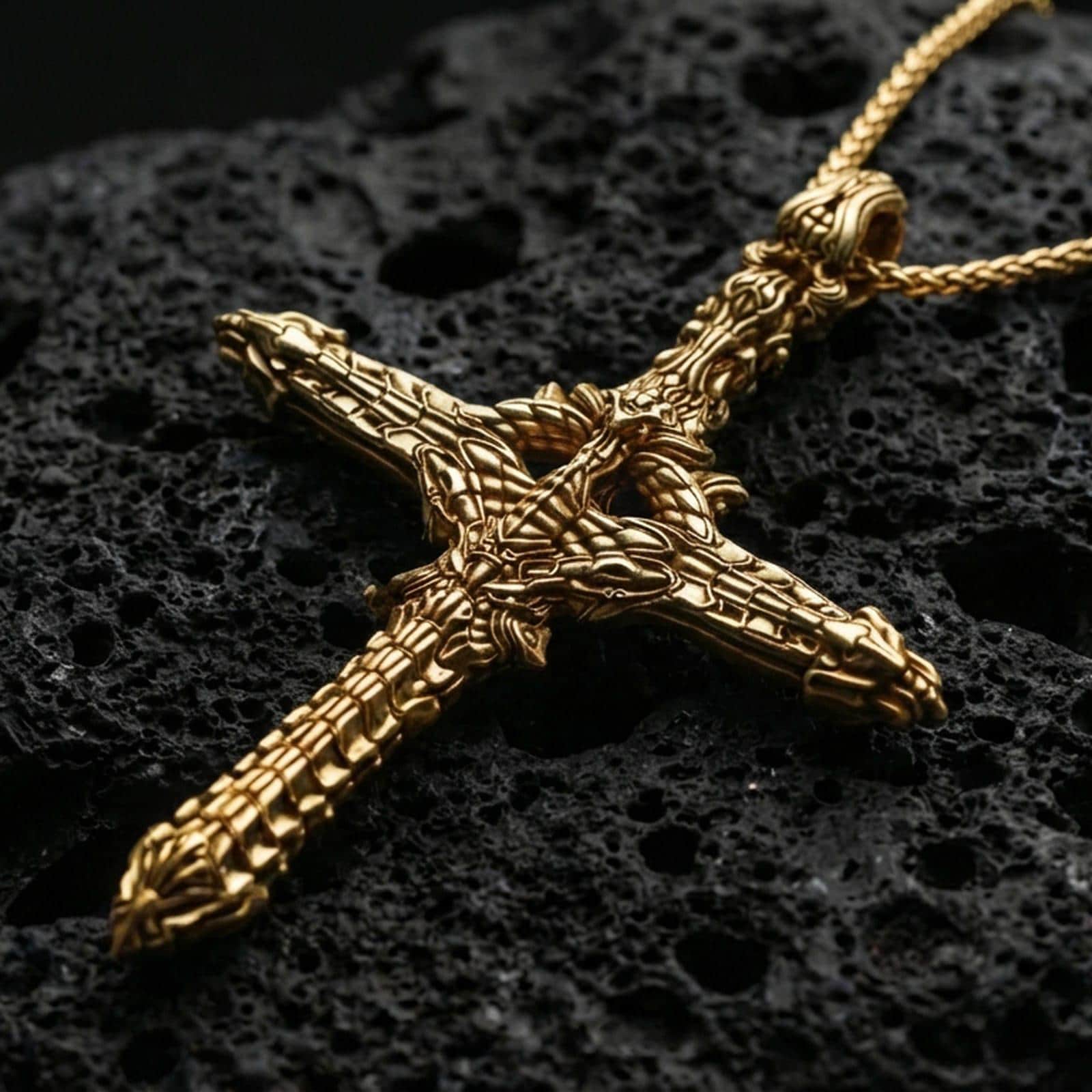 Gold plated biomechanical cross pendant with futuristic gothic styling, raised organic-metal textures, and detailed mechanical patterning showcased on black volcanic rock in a refined macro jewelry image