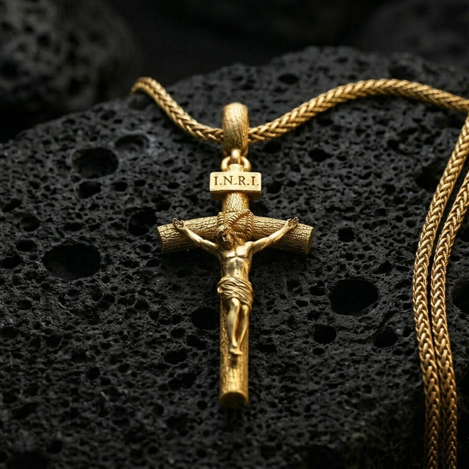 Gold plated religious crucifix pendant with raised Christ figure, engraved wood-like cross texture, and INRI detail showcased on black volcanic rock in a refined macro jewelry image