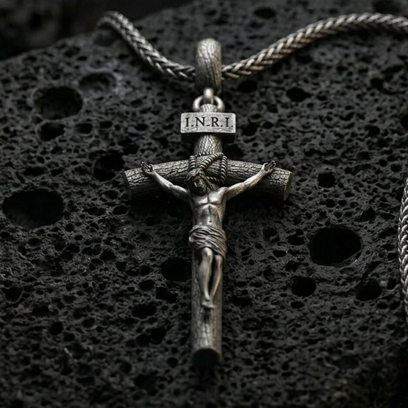 Oxidized INRI crucifix pendant with sculpted Jesus figure and wood-textured cross displayed on dark volcanic rock in a close-up luxury jewelry composition