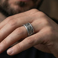 Load image into Gallery viewer, Oxidized fox band ring worn on a finger, lifestyle framing showing realistic scale and bold vintage contrast in a natural hand pose.
