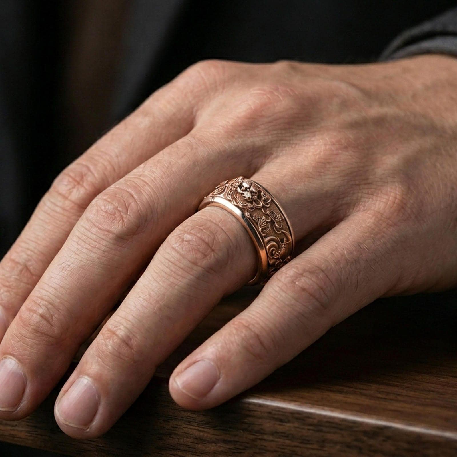 Rose gold plated oriental dragon band ring worn on a finger, lifestyle wear shot with elegant rosy shine and crisp dragon detailing visible.