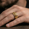 Load image into Gallery viewer, Gold plated twin lion band ring worn on a finger, lifestyle photo featuring warm tone finish and strong statement band presence.
